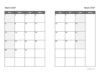 March 2037 Calendar on two pages