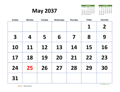 May 2037 Calendar with Extra-large Dates