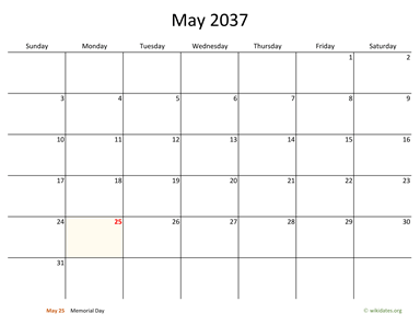 May 2037 Calendar with Bigger boxes