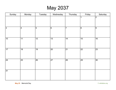 Basic Calendar for May 2037