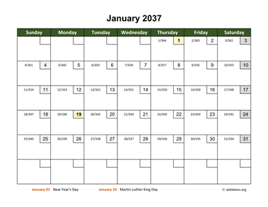 Monthly 2037 Calendar with Day Numbers