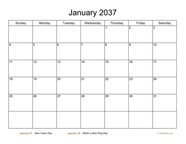 Monthly Basic Calendar for 2037