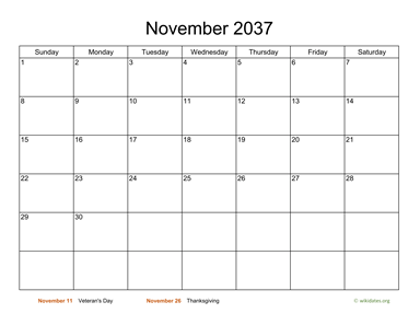 Basic Calendar for November 2037