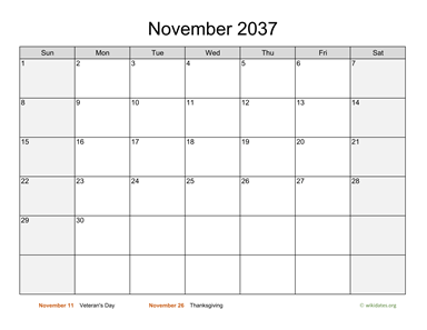November 2037 Calendar with Weekend Shaded