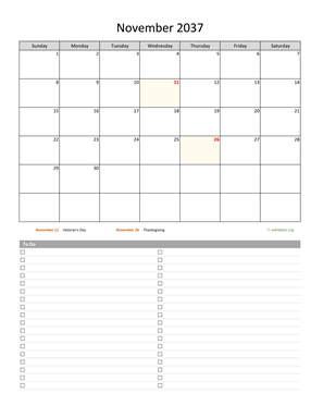 November 2037 Calendar with To-Do List