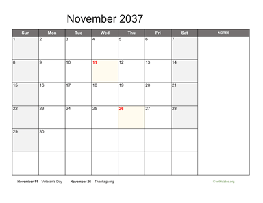 November 2037 Calendar with Notes