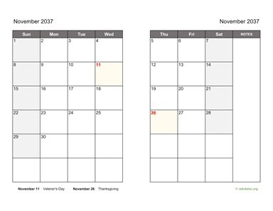 November 2037 Calendar on two pages