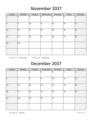 November and December 2037 Calendar Vertical