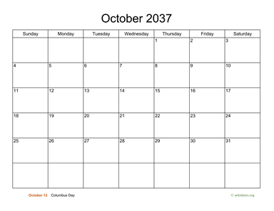 Basic Calendar for October 2037