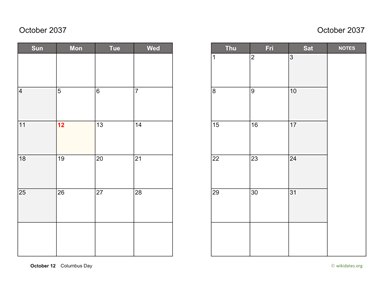 October 2037 Calendar on two pages