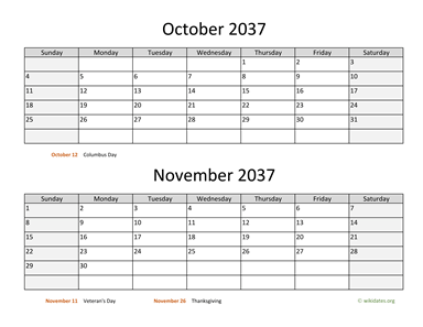 October and November 2037 Calendar Horizontal