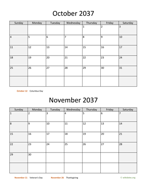 October and November 2037 Calendar Vertical