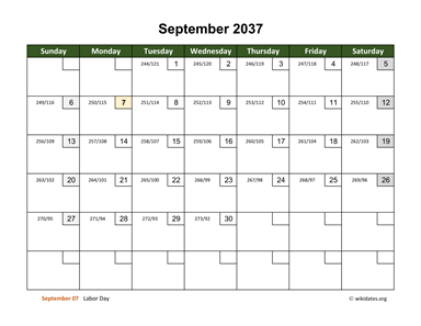 September 2037 Calendar with Day Numbers
