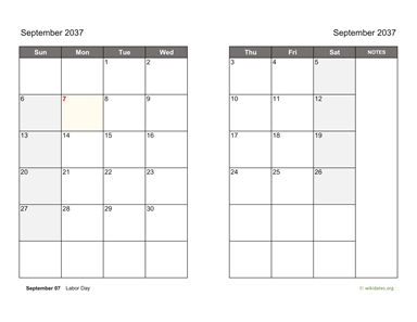 September 2037 Calendar on two pages