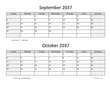 September and October 2037 Calendar Horizontal