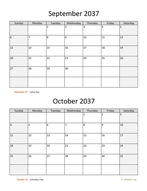 September and October 2037 Calendar Vertical