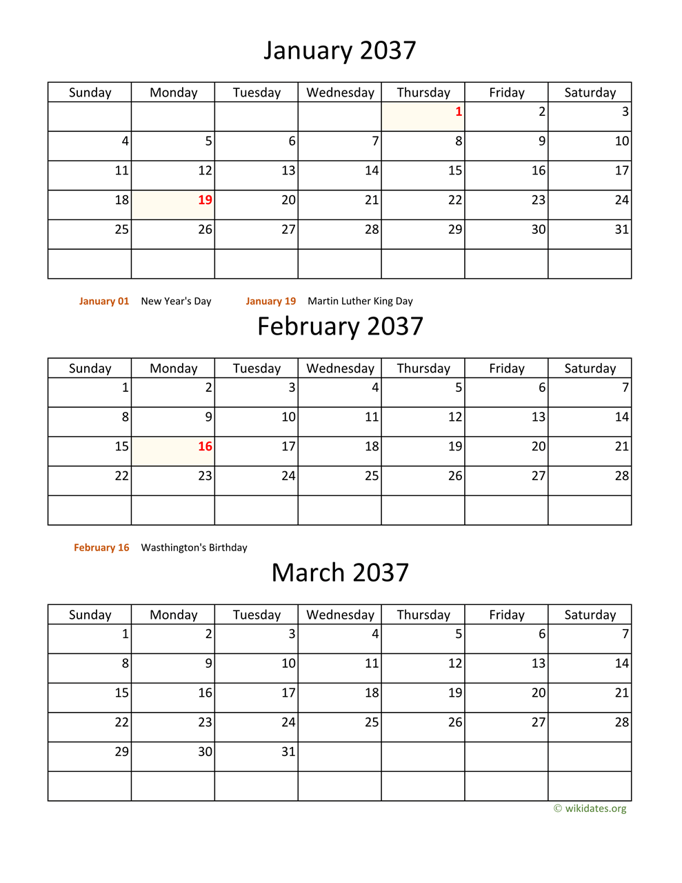 Printable 2037 Calendar | WikiDates.org