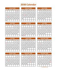 Full Year 2038 Calendar on one page