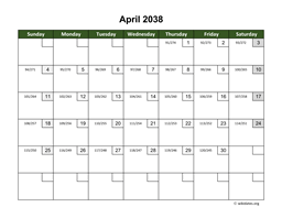 April 2038 Calendar with Day Numbers