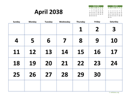 April 2038 Calendar with Extra-large Dates