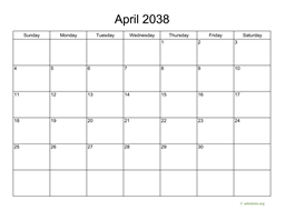 Basic Calendar for April 2038
