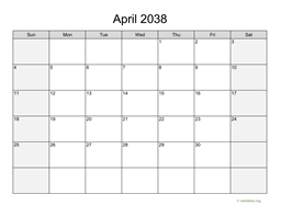 April 2038 Calendar with Weekend Shaded