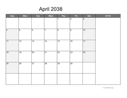 April 2038 Calendar with Notes