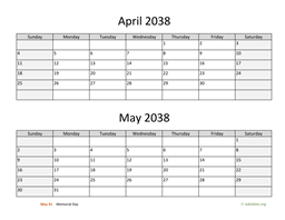 april and may 2038 calendar