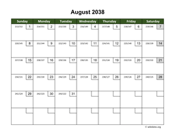 August 2038 Calendar with Day Numbers
