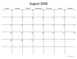 August 2038 Calendar with Bigger boxes