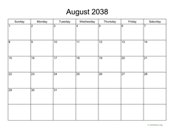 Basic Calendar for August 2038