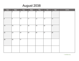 August 2038 Calendar with Notes