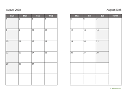 August 2038 Calendar on two pages