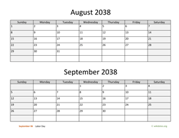 august and september 2038 calendar