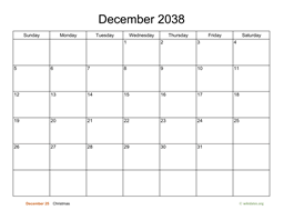 Basic Calendar for December 2038