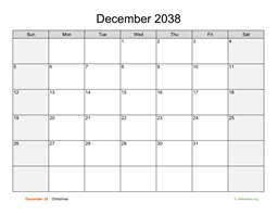 December 2038 Calendar with Weekend Shaded