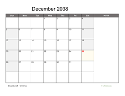 December 2038 Calendar with Notes
