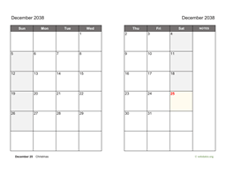 December 2038 Calendar on two pages