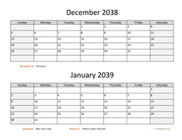 december and january 2038 calendar