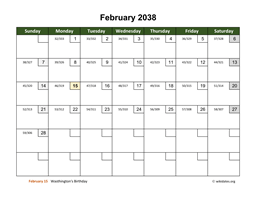 February 2038 Calendar with Day Numbers