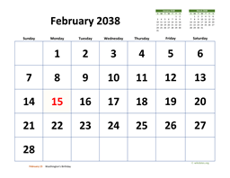 February 2038 Calendar with Extra-large Dates