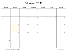 February 2038 Calendar with Bigger boxes