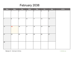 February 2038 Calendar with Notes