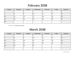 february and march 2038 calendar