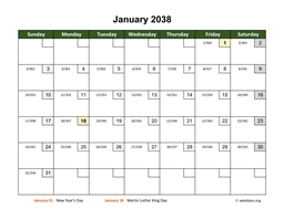January 2038 Calendar with Day Numbers