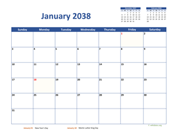 January 2038 Calendar Classic