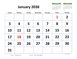 January 2038 Calendar with Extra-large Dates