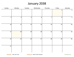 January 2038 Calendar with Bigger boxes