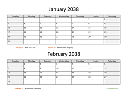 January and February 2038 Calendar