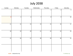 July 2038 Calendar with Bigger boxes